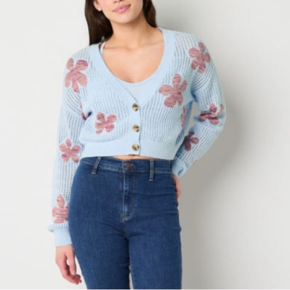 Arizona Jean Co. Blue Floral Open-Knit Button Cardigan Sweater - size L